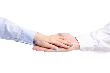 Man and woman couple hands holding on white background isolation