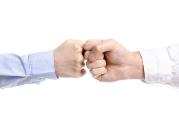 Man and woman hands strength contract on white background isolation