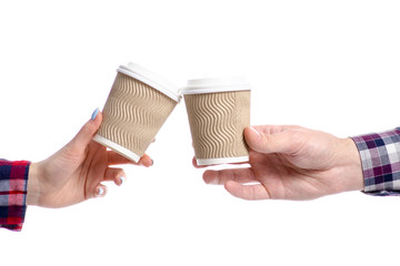 Man and woman hand holding cup of coffee isolated on white background