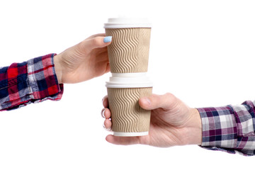 Man and woman hand holding cup of coffee isolated on white background
