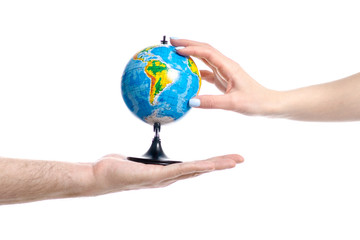 Two hands holding globe on white ackground isolation