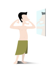 Man smiling and standing in front of the mirror looking at his muscles, naked with a towel on his hips. Flat style vector illustration.
