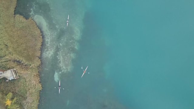 Top view lake of competition rowing banyoles, blues and transparencies