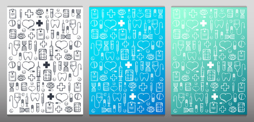 Set of Medical hand-draw doodle backgrounds. Pills, Vitamin tablets, medical drug. Vector Illustration.