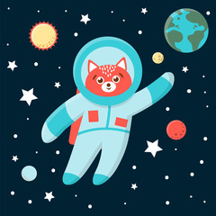 Naklejka premium Vector funny astronaut fox in space with planets and stars. Cute cosmic illustration for children on blue background..