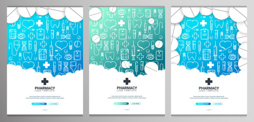 Set of Pharmacy and Medical banners with doodle background. Pills, Vitamin tablets, medical drug. Vector Illustration.