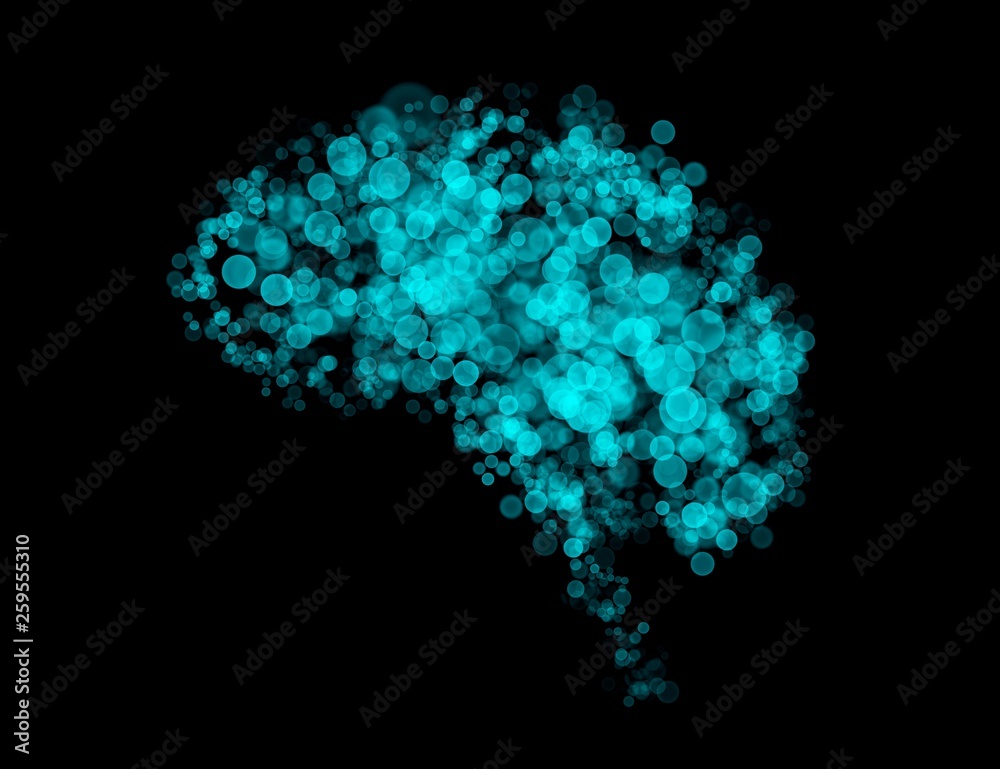 Poster Brain shape by bokeh blue green light isolated on black background. In concept of A.I. artificial intelligence technology.