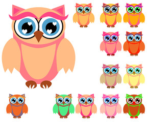 Large set of cute multicolored cartoon owls for children, different designs, trendy coral color