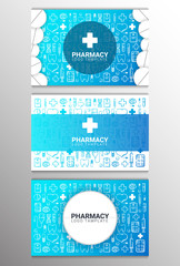 Set of Pharmacy and Medical banners with doodle background. Pills, Vitamin tablets, medical drug. Vector Illustration.