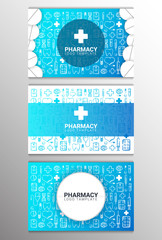 Fototapeta premium Set of Pharmacy and Medical banners with doodle background. Pills, Vitamin tablets, medical drug. Vector Illustration.