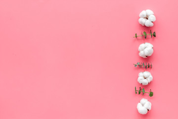 Flowers border with green eucalyptus branches and dry cotton flowers on pink background top view space for text.