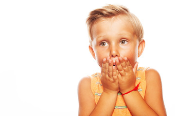 Oh, my God, Can't believe it, School Gossip concept. Portrait of unhappy cute little boy in orange...
