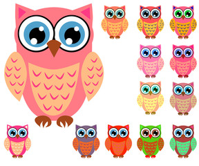 Large set of cute multicolored cartoon owls for children, different designs, trendy coral color