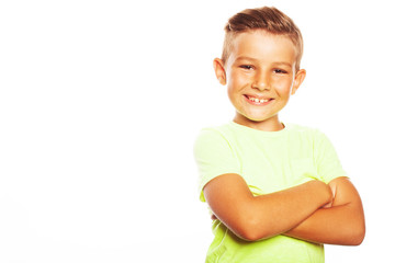 Mom's joy concept. Portrait of cute little boy in bright green T-shirt isolated on white background. Retro postcard, vintage poster style. Trendy haircut. Hands crossed. Close up. Copy-space