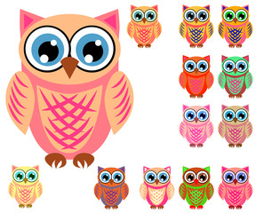 Large set of cute multicolored cartoon owls for children, different designs, trendy coral color