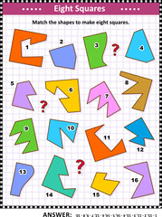 IQ and spatial reasoning skills training math visual puzzle: Match the shapes to make eight squares. Answer included.