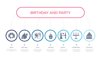 simple illustration set of 7 vector blue icons such as cake slice, candelabra, couple, _icon4, cupid, disco ball, donut. infographic design with 7 icons pack