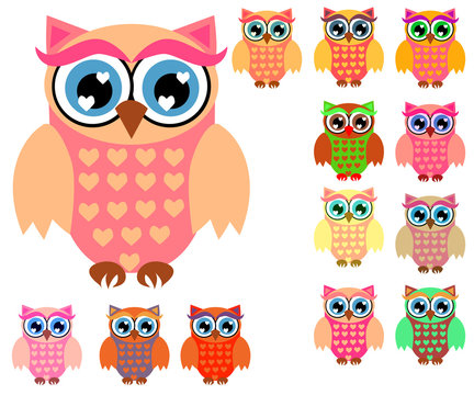 Large set of cute multicolored cartoon owls for children, different designs, trendy coral color