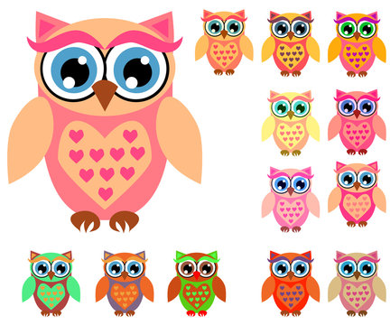 Large set of cute multicolored cartoon owls for children, different designs, trendy coral color