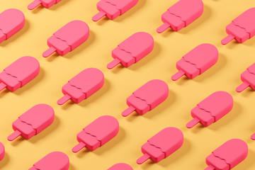 Isometric pattern made of pink ice cream on the yellow background.