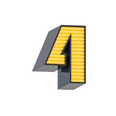 Retro style black and yellow number 4 symbol. Character isolated over white background.