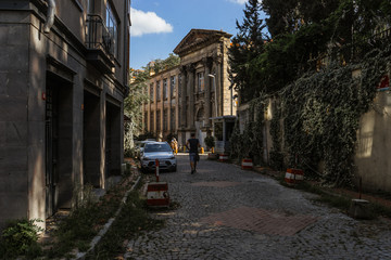ISTANBUL, TURKEY - SEPTEMBER 2018: An ancient stone building on a city street.