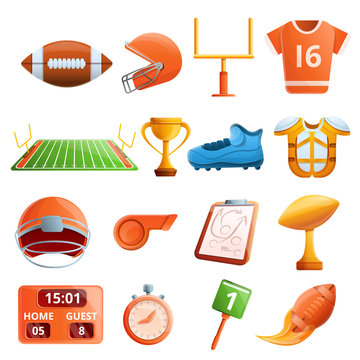 American football equipment icons set. Cartoon set of american football equipment vector icons for web design