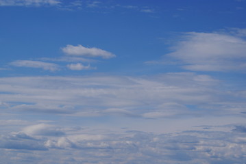 The sky on a clear Sunny windy day. Lots of clouds. Sky is blue. Clouds are like waves.