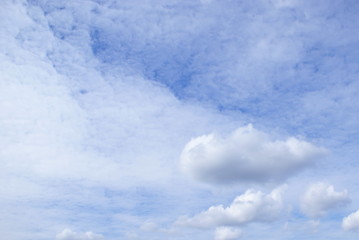 White Lacy clouds, brightly lit by the sun, in the blue sky. The sky is slightly translucent through the thin clouds.
