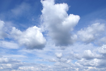 In the blue sky brightly lit by the sun thick white clouds. Day windy. Some of the clouds are scattered by the wind and the sky shines through them.