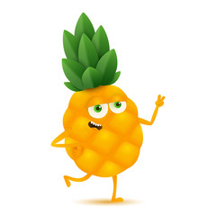 Cute and funny pineapple character, cartoon vector illustration isolated on white background.