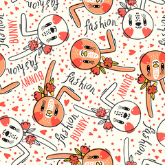 Seamless pattern with cute rabbit face with a barrettes flowers. Fashion kawaii bunny. Vector illustration