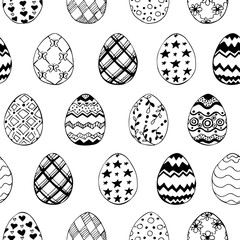 Seamless easter pattern with ornamental black hand drawn eggs on white background. Easter holiday background. Vector illustration.