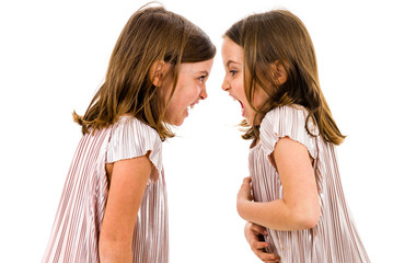 Identical twin girls sisters are arguing yelling at each other.
