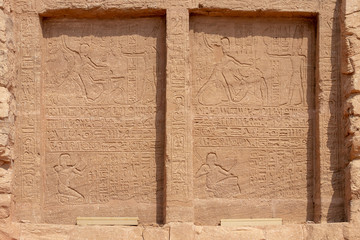 Hieroglyphs in the rock of Abu Simbel, Aswan, Egypt