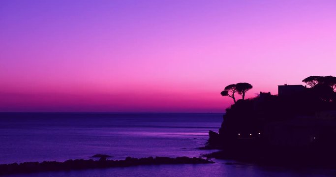 The Silent Bay at dusk, Sestri Levante, Liguria, Italy. Filmed on Panasonic Cinematic Camera 5.7K 