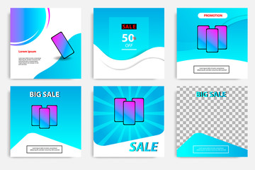 Six set modern wave fluid background template with gradient blue, pink, purple gradation for promotional. For social media post, stories, story, internet web banner, flyer, poster and brochure.