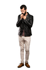 Fototapeta premium Handsome man with beard is suffering with cough and feeling bad over isolated white background
