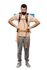 Hiker man angry over isolated white background