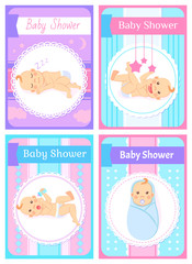 Fototapeta na wymiar Baby shower vector, set of children newborn kids playing with stars toys flat style. Sleeping child, happy childhood of person, funny kiddo cards