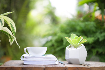 White coffee cup with small plant in white pot on brown wooden table at outdoor