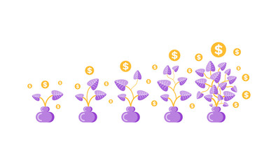 Trees with coins, money plants in pots vector. Isolated icons of financial wealth and richness, investment and income, flowering bushes, dollar currency