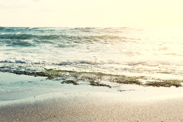 background image of sandy beach and ocean waves