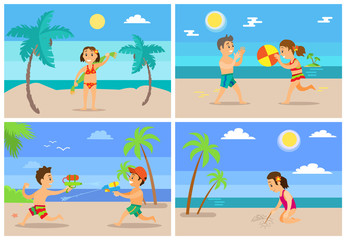 Children playing at beach vector, kids having water fight, girl holding towel, drawing on sand. Boy and girl playing ball volleyball, tropics vacation
