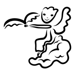Cheerful angel sitting on a cloud and a bird above his hand