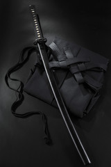 Japanese katana samurai sword. Aikido hakama, martial arts uniform