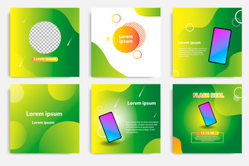 Six set modern wave fluid background template with gradient green, yellow, orange gradation color for promotional. For social media post, stories, story, internet web banner, flyer, poster and brochur