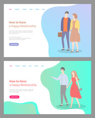 How to build happy relationship, people in love walking on date. Relaxed man and woman glad to spend time together, loving male and female. Website or webpage template, landing page flat style