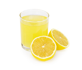 Closeup glass of lemon juice drink isolated on white background, food heathy concept