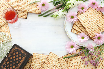 Pesah celebration concept (jewish Passover holiday). Top view, flat lay